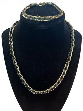 Trifari Gold and Black Twisted Rope Necklace and Bracelet Set
